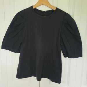 ZARA SIZE SMALL SHORT PUFF HALF SLEEVE BLACK TOP COTTON BLOUSE ROUND NECK BASIC